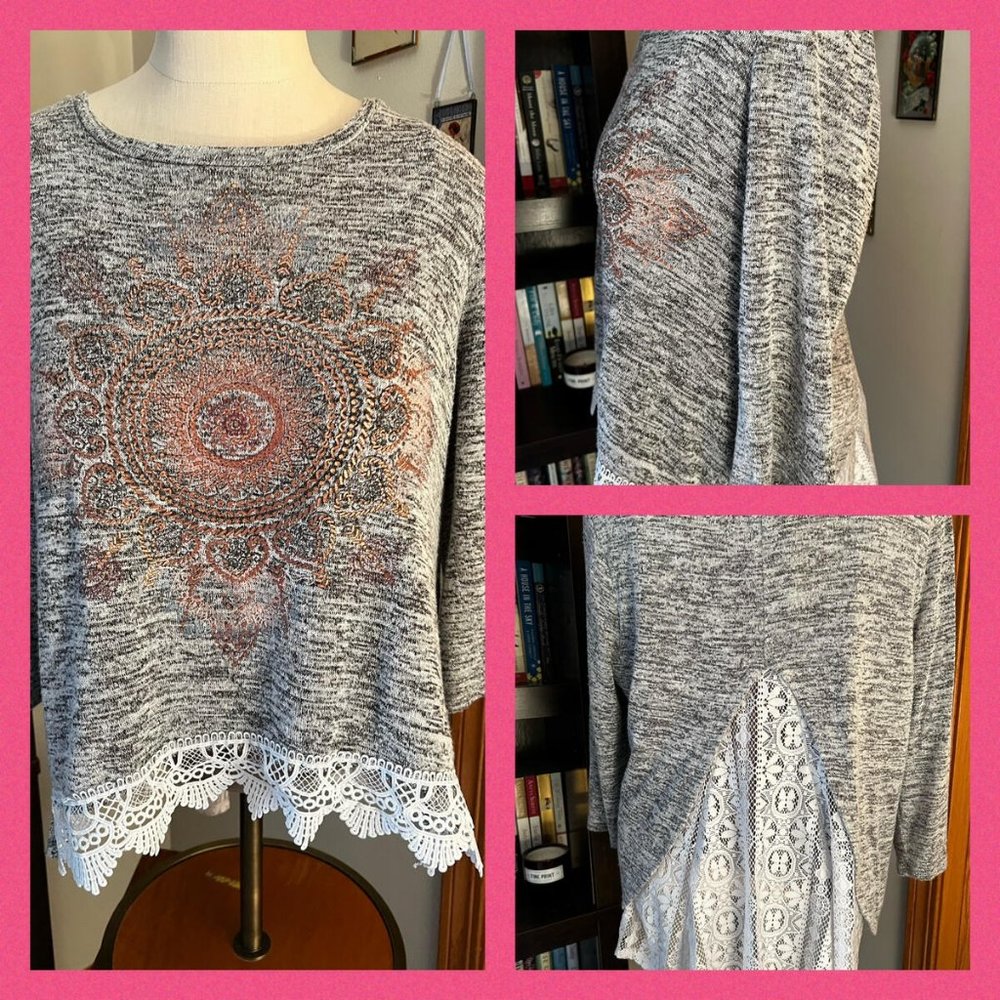 JUNIOR XXL KNITWORKS heathered gray lace back top shirt